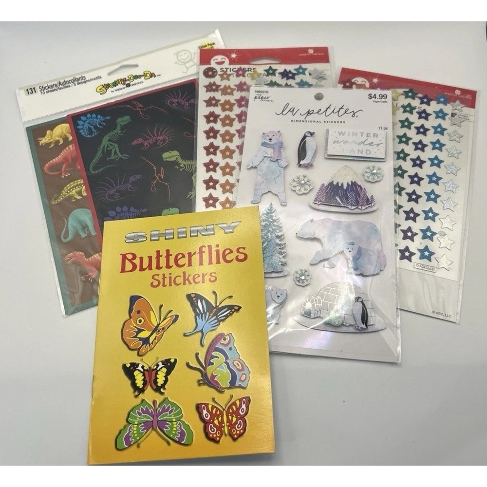 New Sticker Lot 5 Packs of Assorted Stickers Butterflies Dinosaurs Stars Winter